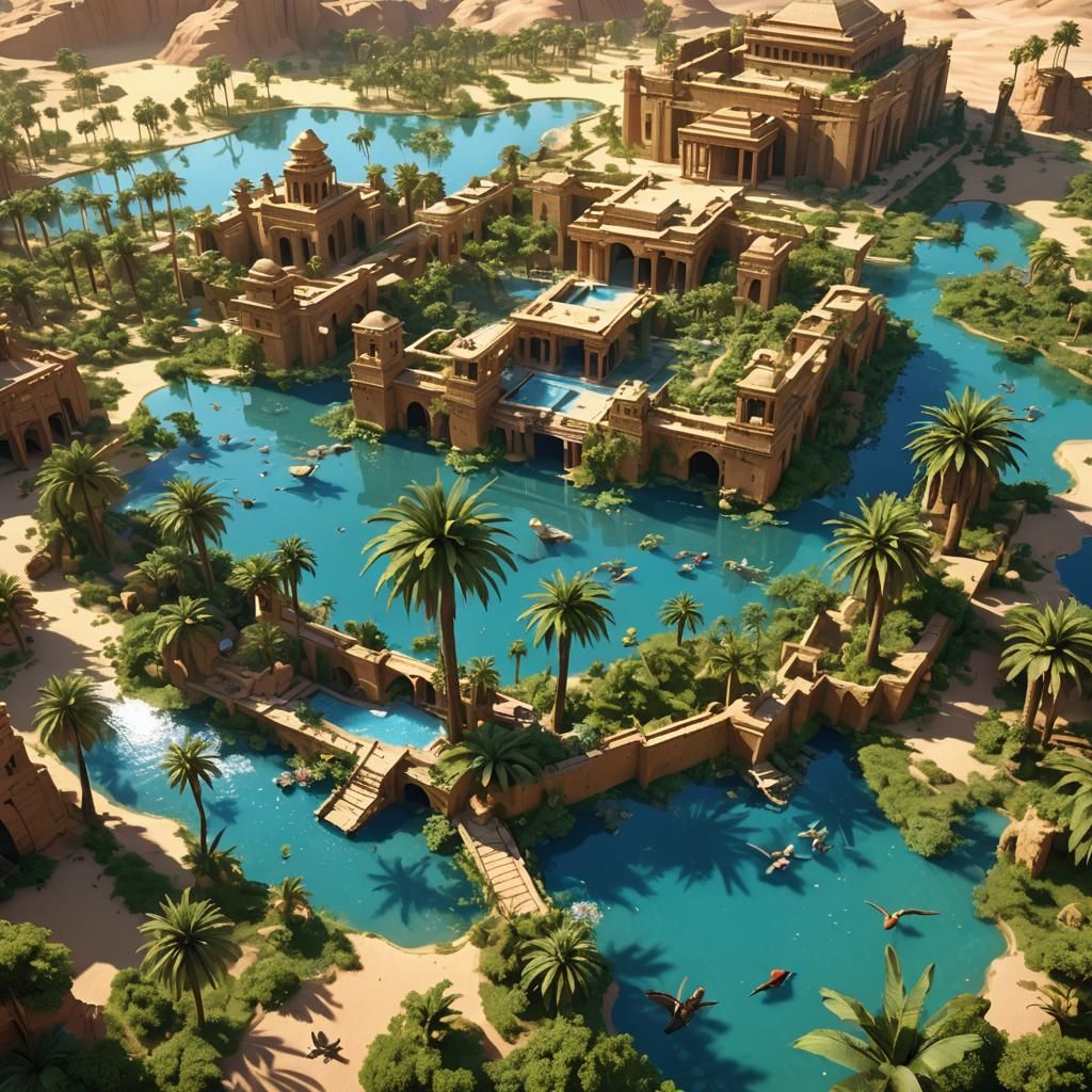 Lush Desert Oasis with Ancient Ruins