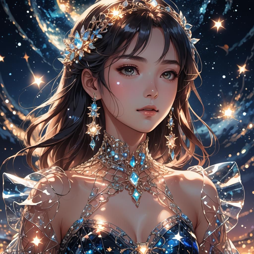 Woman in Glass Dress with Night Sky: Anime Style