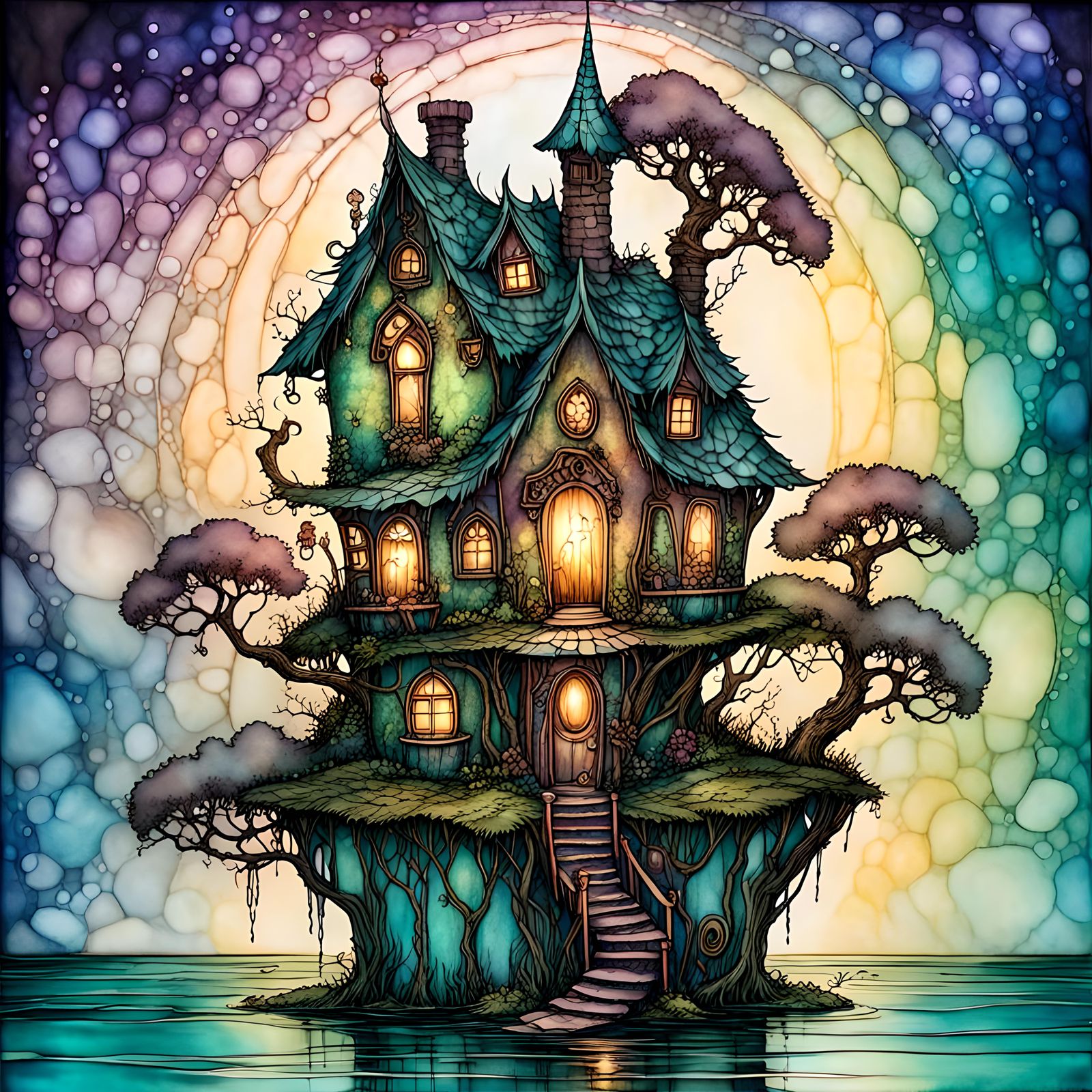 Iridescent, beautiful tiny pixie hanging house, Alcohol ink,...
