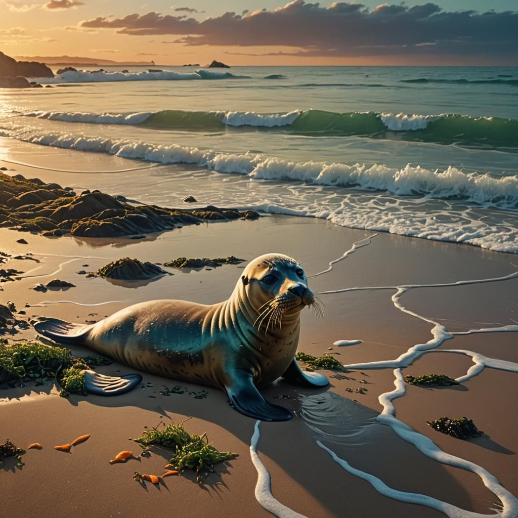 Seal on Bioluminescent Beach: Cinematic Digital Art