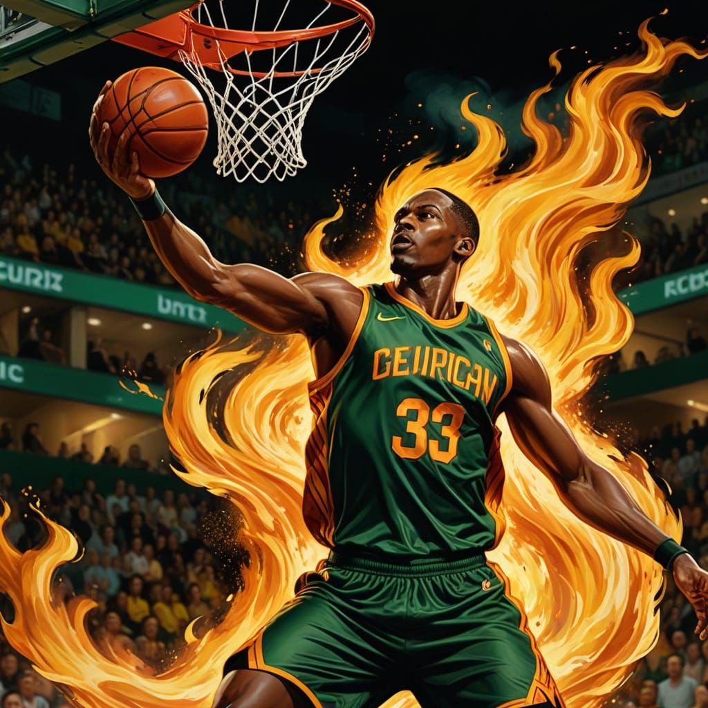 Basketball Player Layup in Flaming Oil Painting Style