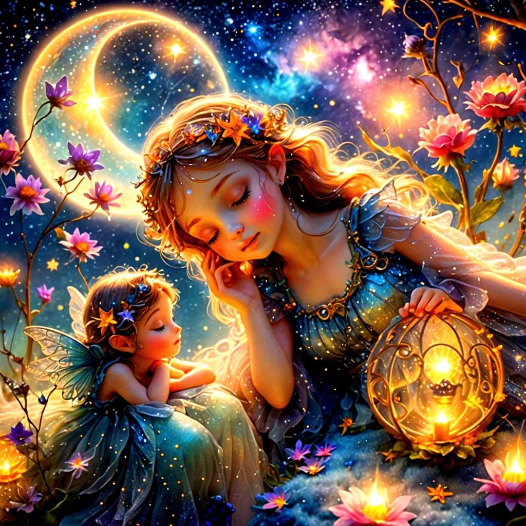 Fairies Sleeping on Bioluminescent Moon in Galaxy