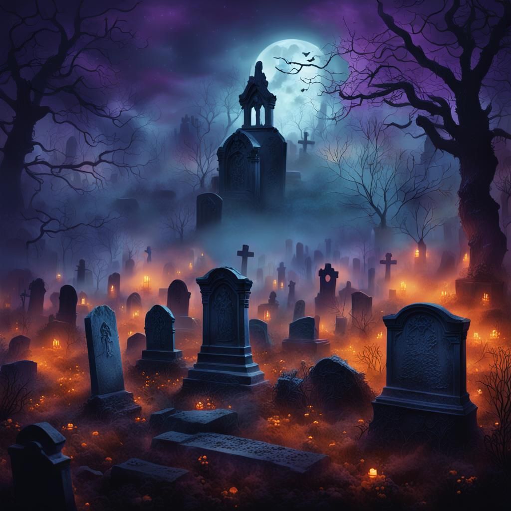 Haunted Graveyard at Midnight: Dark Fantasy Concept Art