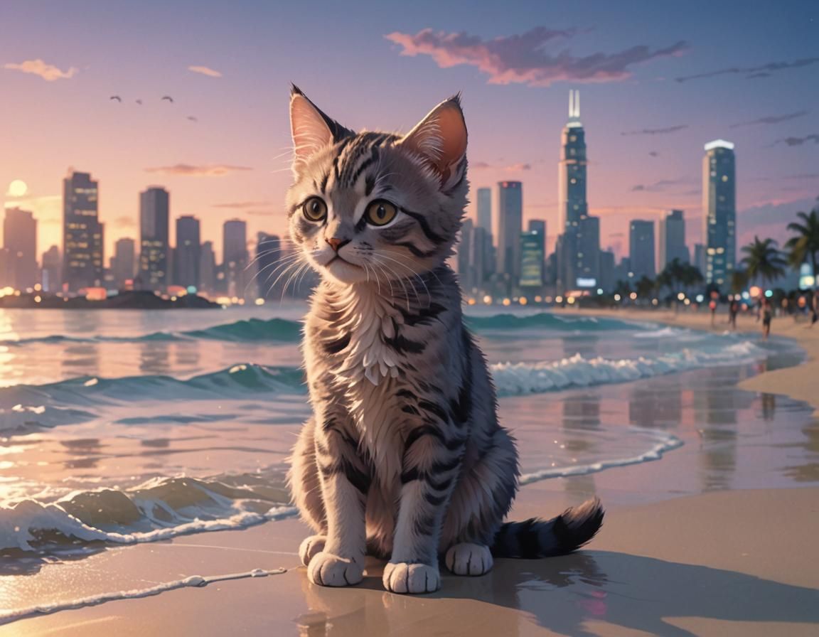 Anime Beach Kitten at Twilight in Pastel Colors