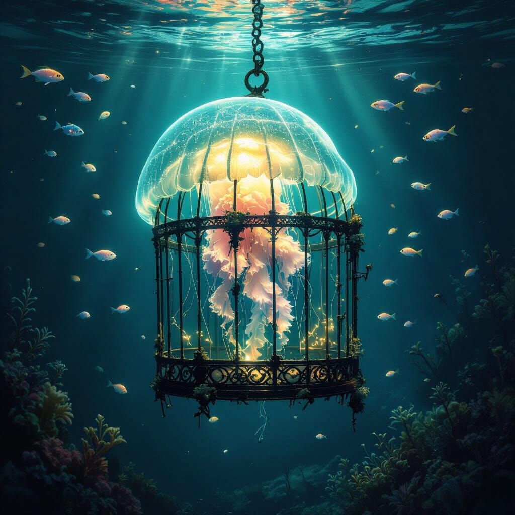Bioluminescent Jellyfish in Antique Birdcage in Deep Ocean