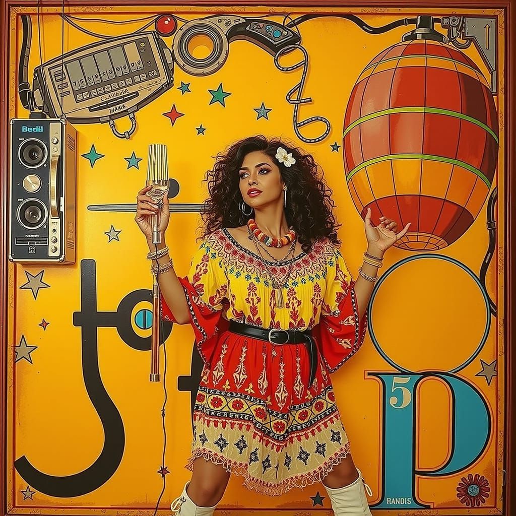 Glamorous Goddess Dances on Neon Disco Floor in the Sky