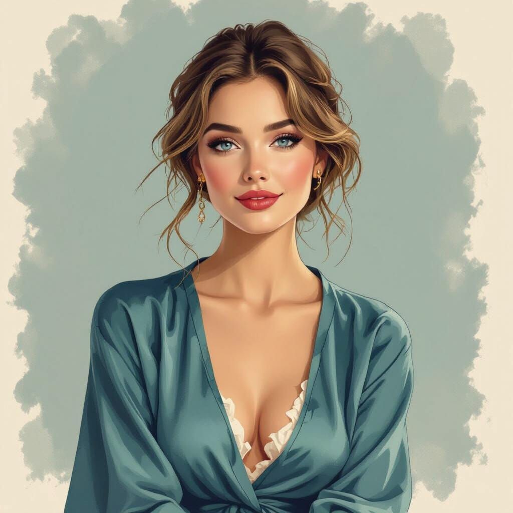 Woman in Blue Velvet Robe with Blonde Ponytail, Open Smile