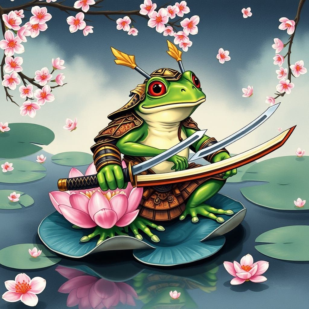 Heroic Frog Samurai on Water Lily in Cherry Blossom Paradise