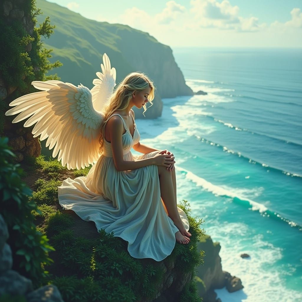 Angel in Serene Bliss on Ocean Cliff