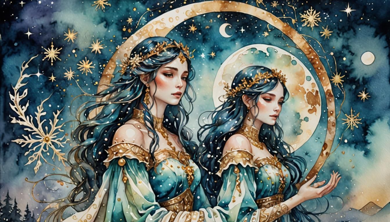 Watercolor Moon Scorpio Zodiac Sign in Fairy Tale Style