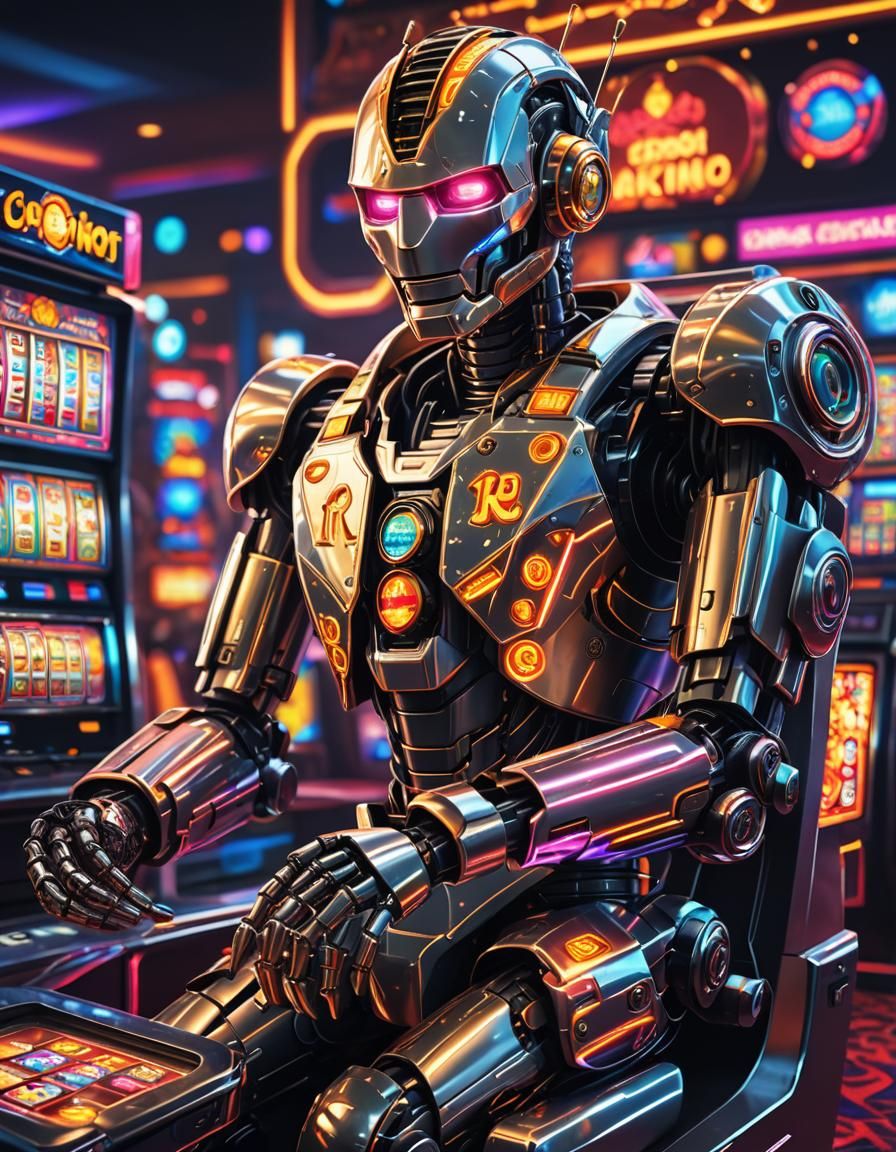 Cartoon AI Robot Big Casino Jackpot in Neon Lights