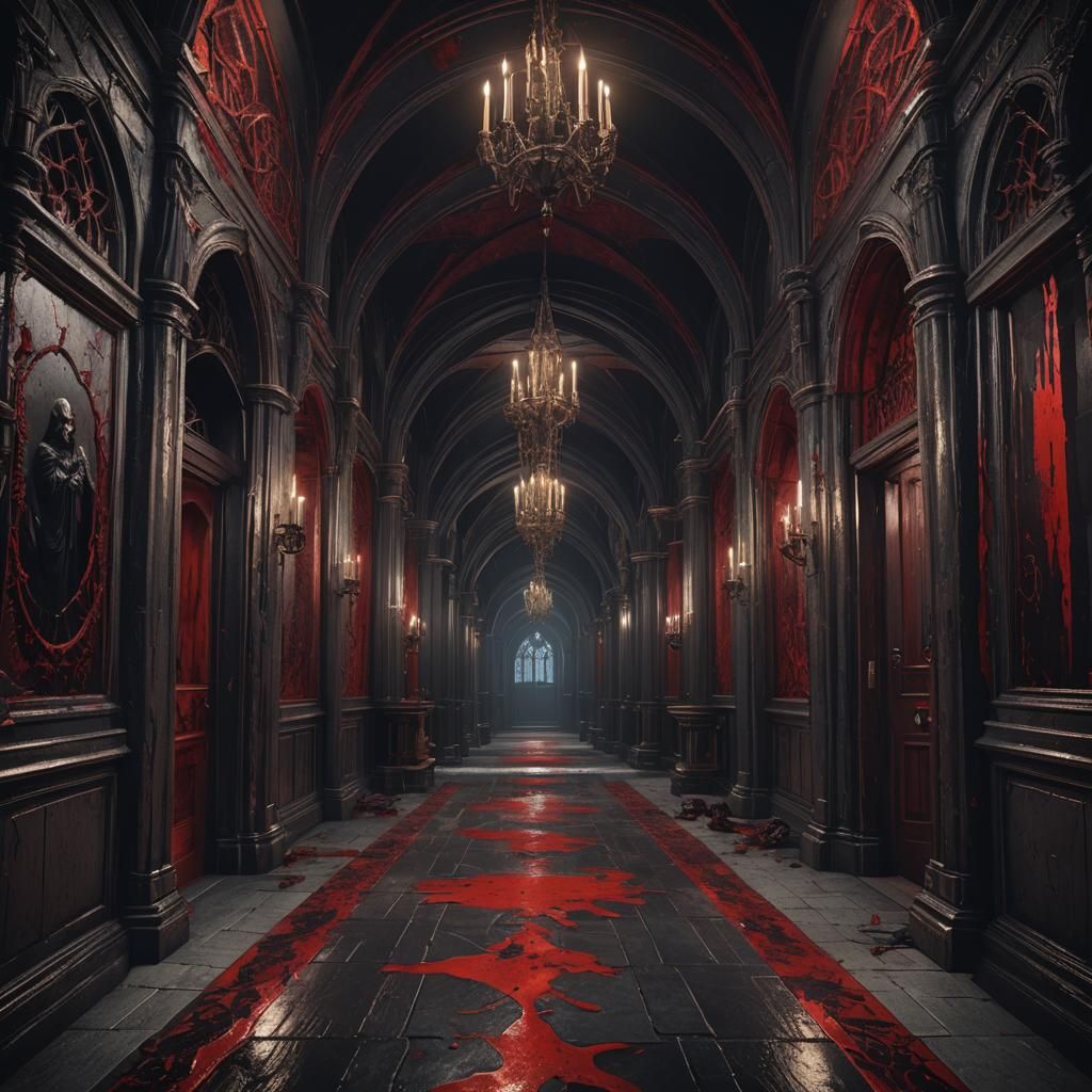 Vampire Gothic Hallway in Blood Red and Black