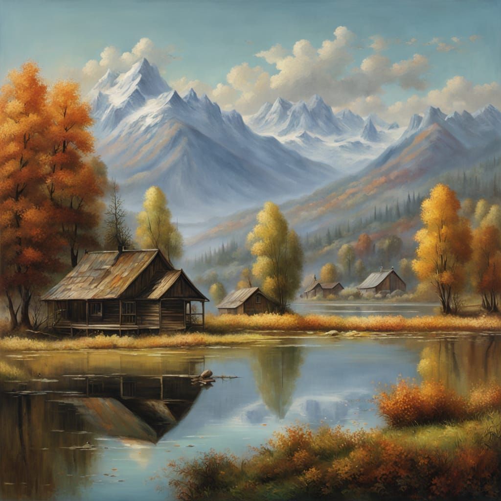 Serene Mountain Lake Landscape in Autumn Oil Painting Style