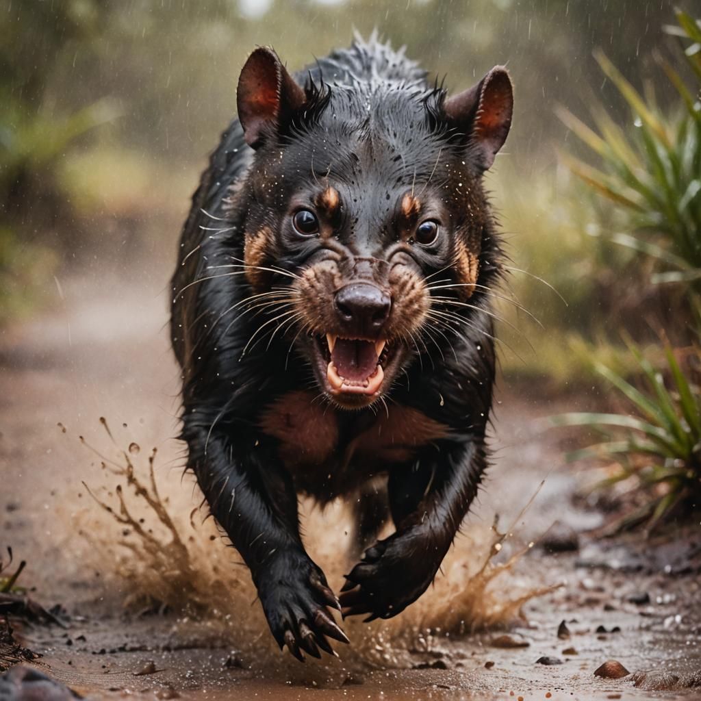 Tasmanian Devil Charges: Wildlife Oil Painting