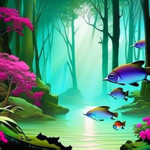 Tropical Fish Swim Through Mystic Ethereal Forest