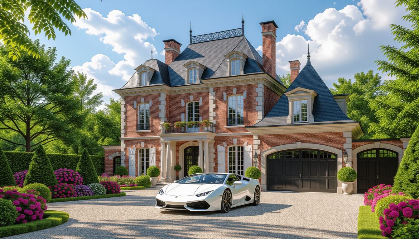 Grand Brick Chateau with Sportscar, Painterly Style