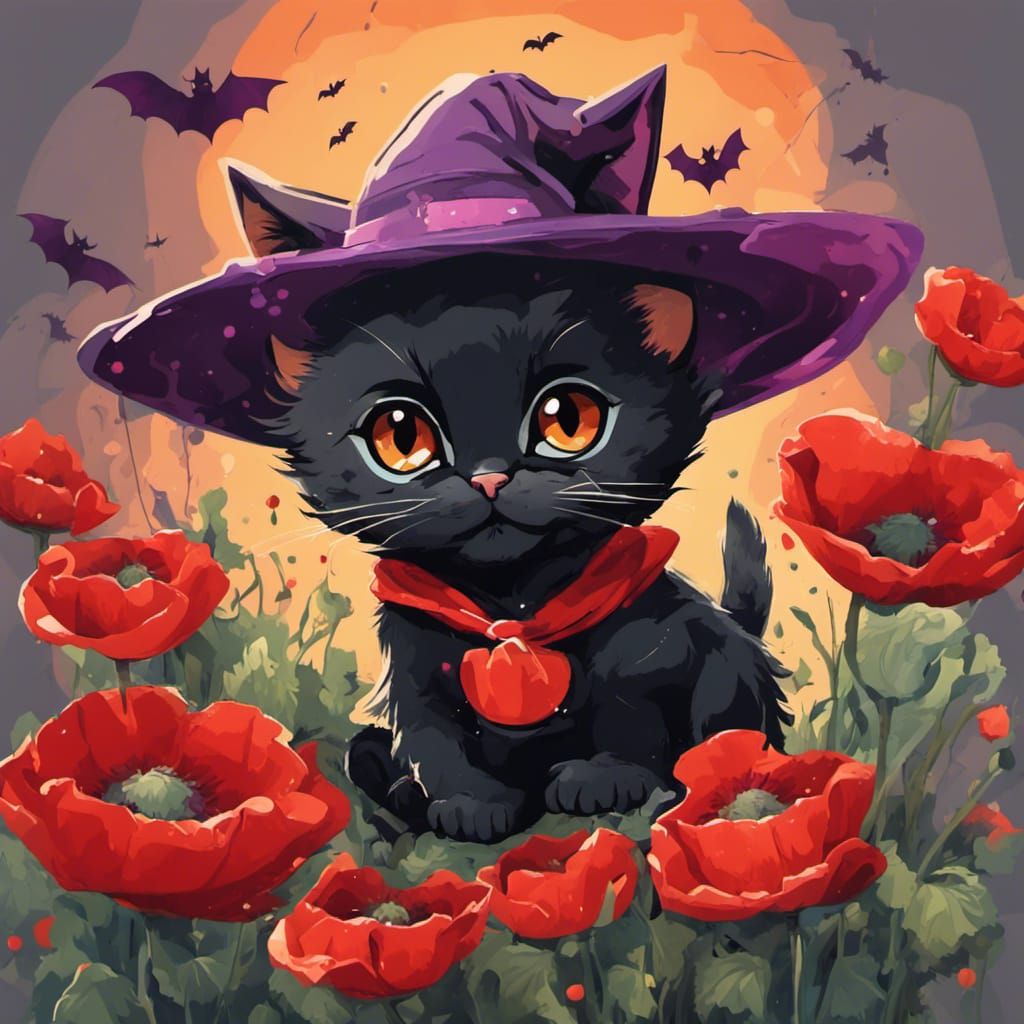Halloween Kitten in Poppy Field: Cartoon Graffiti Art