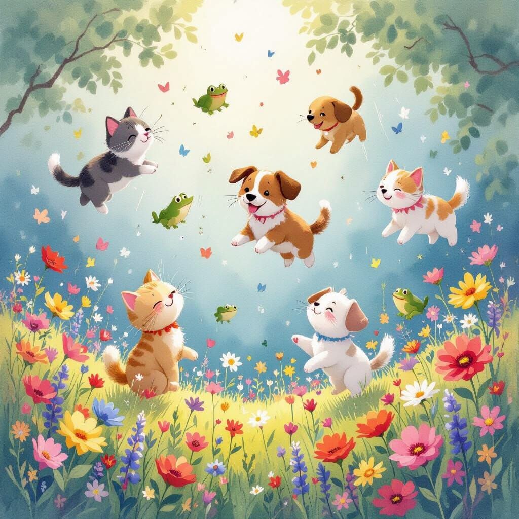 Whimsical Watercolor of Animals Raining into a Wildflower Me...