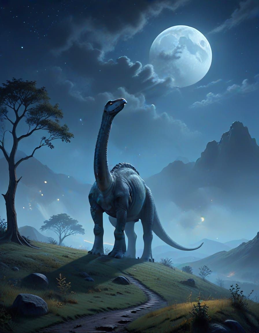 Moonlit Brontosaurus in Dreamy Surreal Landscape