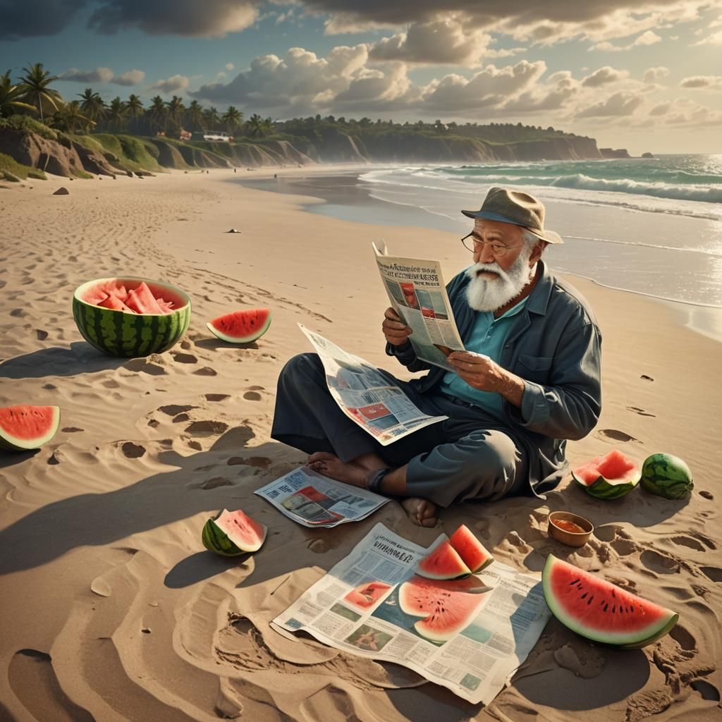 Dreamy Coastal Scene: Grandfather Enjoying Watermelon, Unrea...