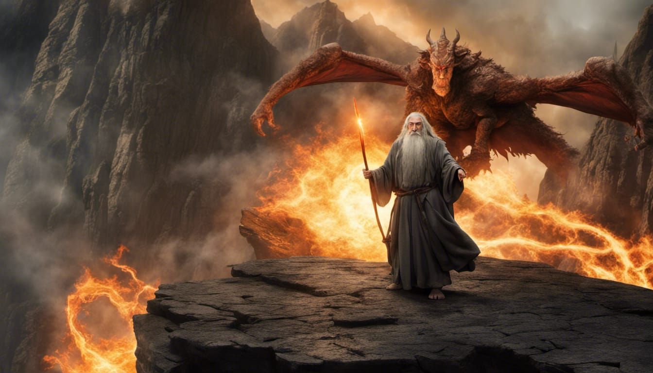 Wizard Confronts Balrog on Bridge: Photorealistic, High Defi...