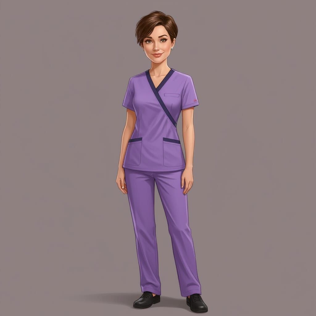Hyperrealistic Caricature of Woman in Lavender Scrubs