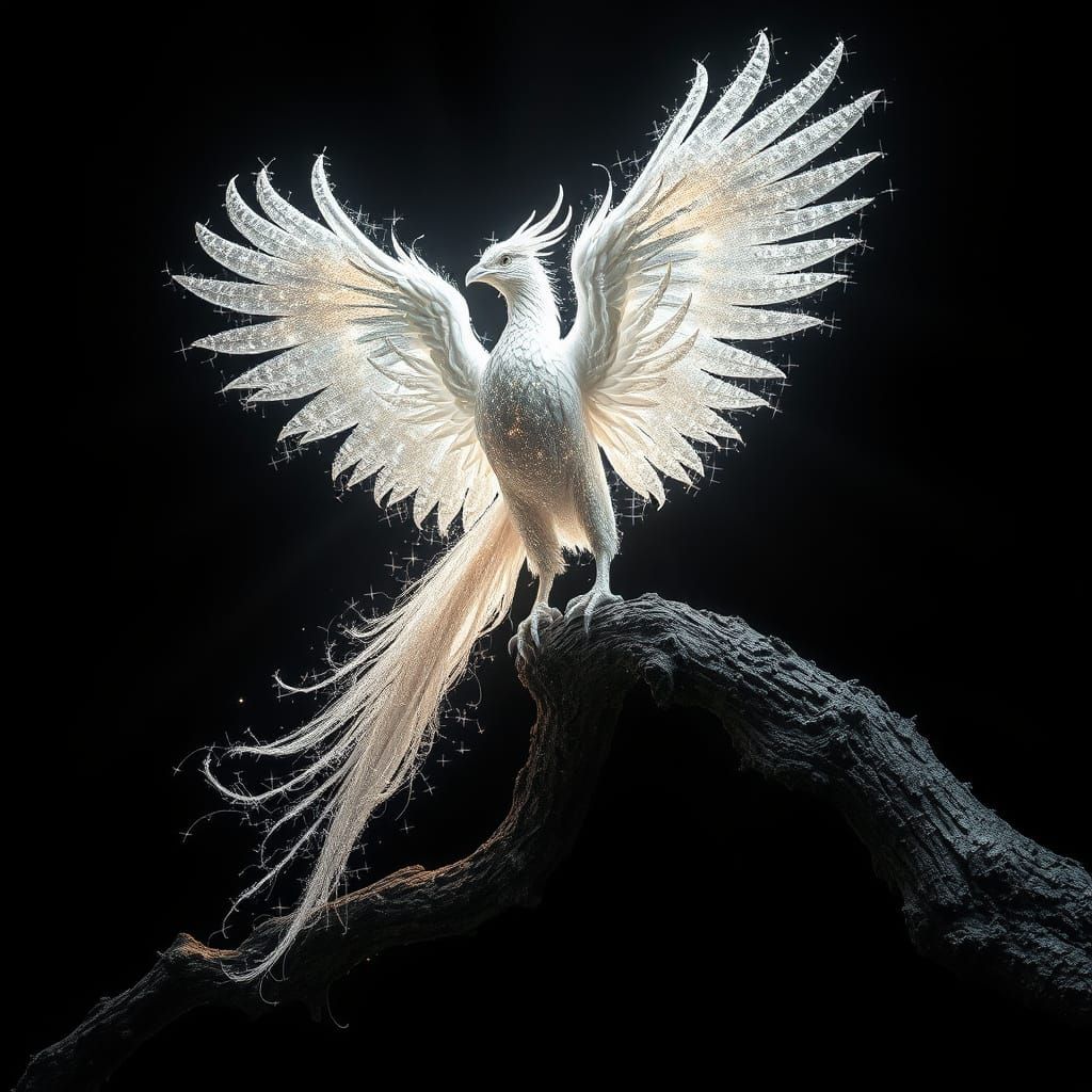 Stardust Phoenix on Tree Branch, Hyper-Realistic Art