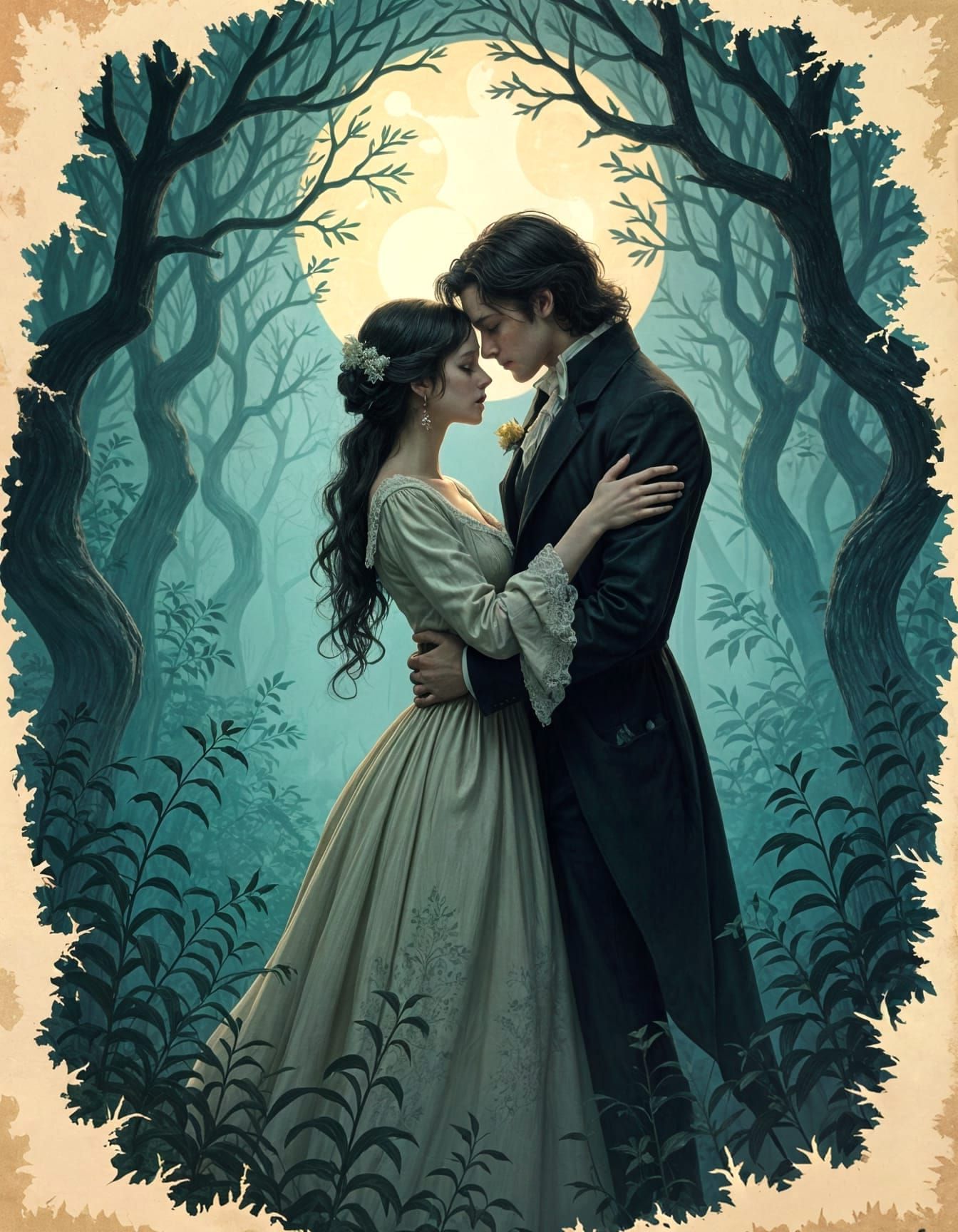 Gothic Forest Couple in Moonlight Embracing