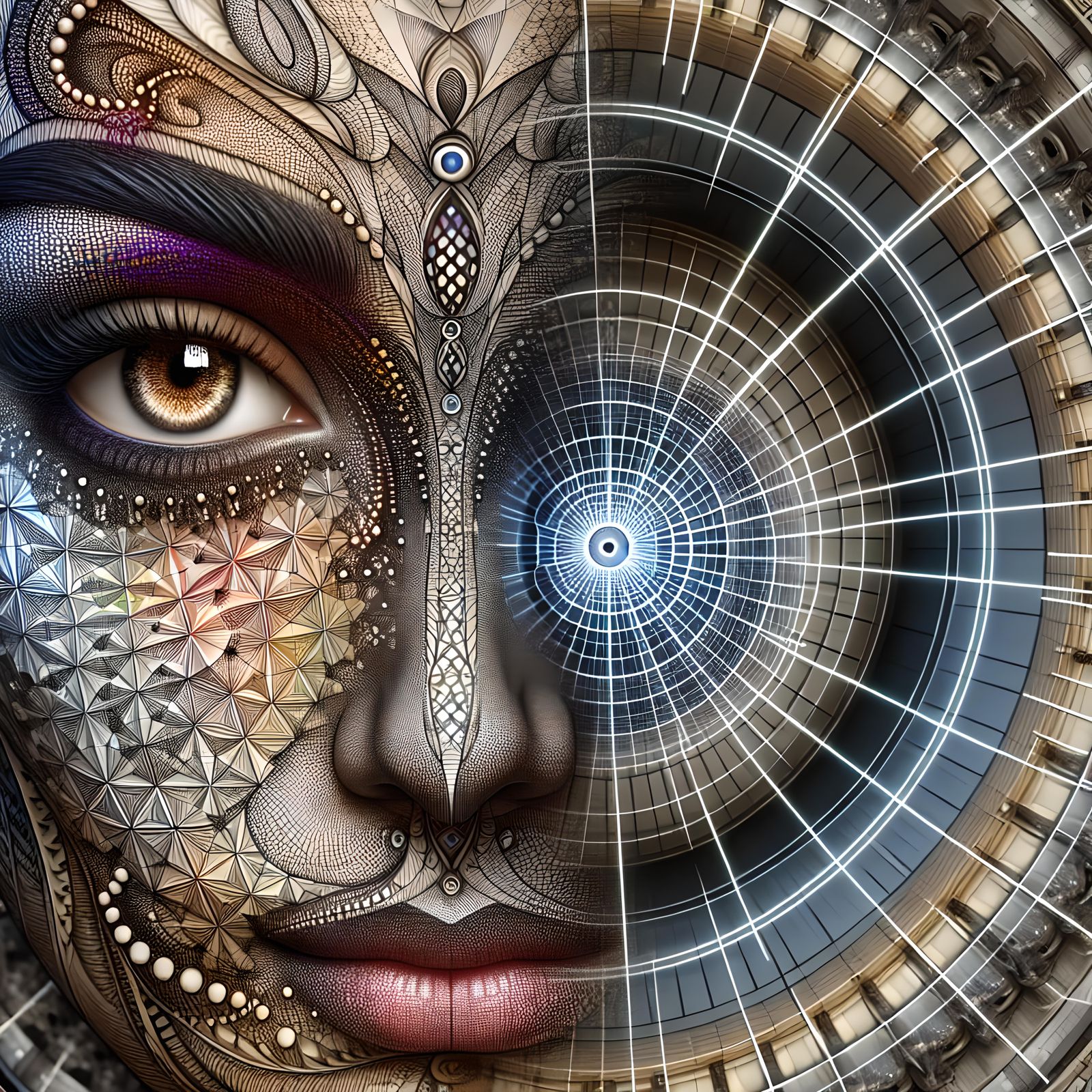 (particle accelerator, close-up of beautiful indian woman's split face tinsel Fibonacci geometric design, 3D CGI, detail...