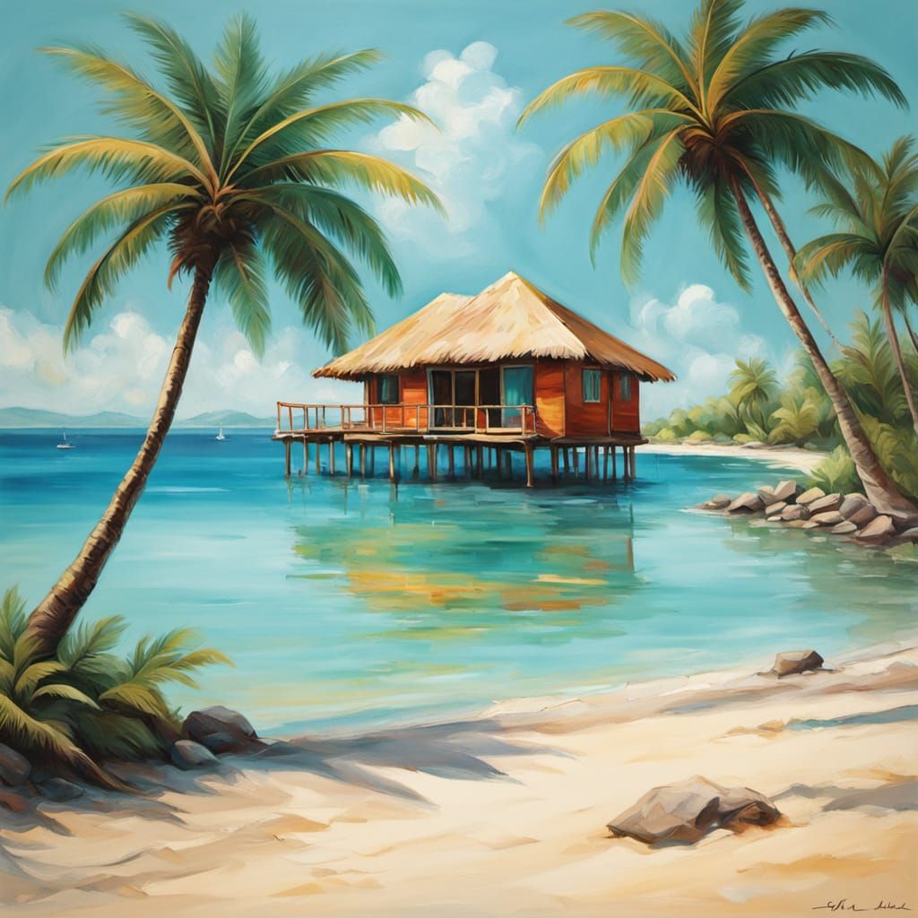 Tropical Island Beach Life in Oil Painting Style