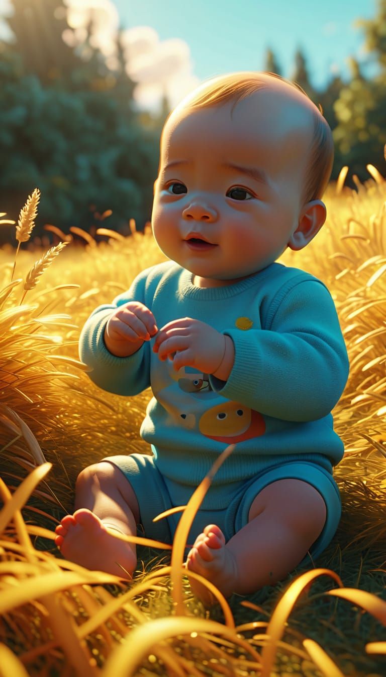 Baby Plays Under Red Sun: Pixar-Style 3D Animation