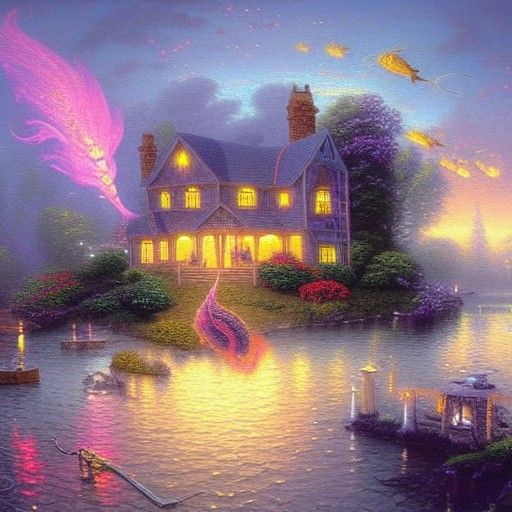 Ethereal House Fire with Fish in Sky
