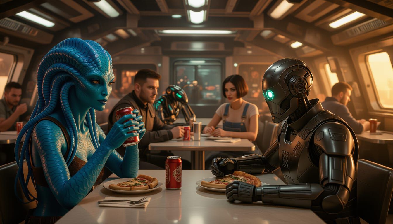 Alien Woman in Bustling Spacestation Mess Hall