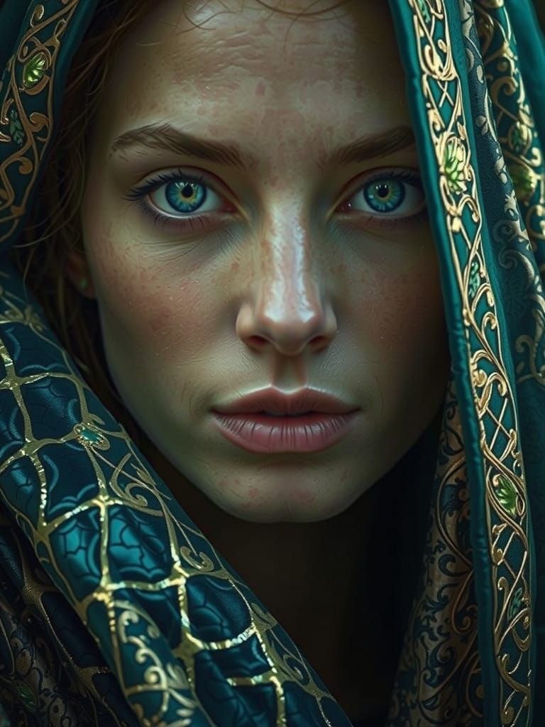 Woman in Celtic-Inspired Green Cloak with Golden Filigree an...