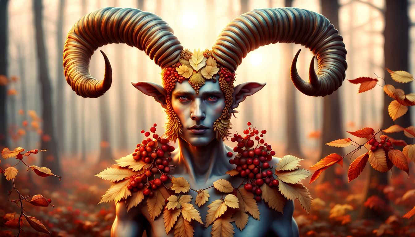 Autumnal Ram-Horned Dryad in Golden Sunrise: 3D Art