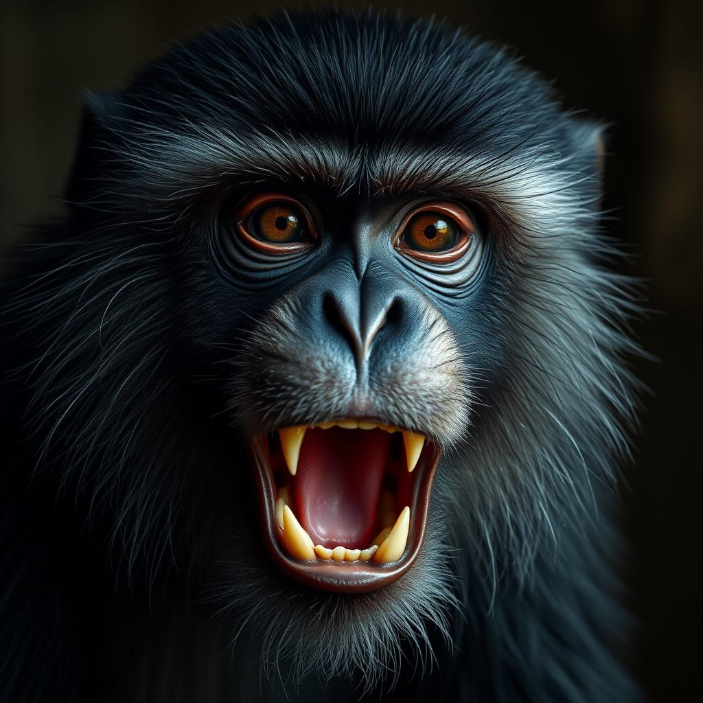 Intense Monkey Portrait in Dark Grey Fur with Coarse Texture