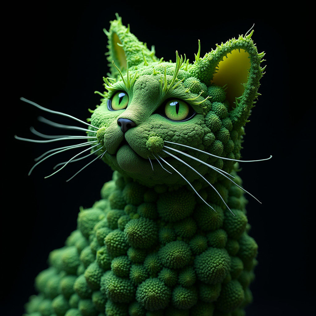 Vibrant Broccoli Cat Portrait in Hyperrealistic Style