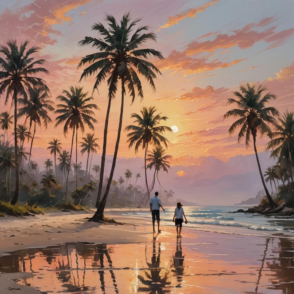 Impressionist Sunset at the Beach with Palm Trees