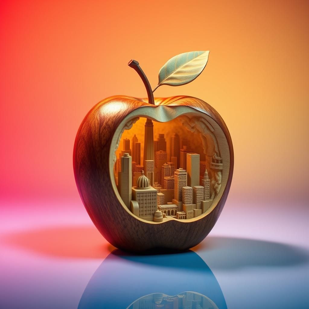 Wooden Apple Cityscape in a Hyperrealistic Style