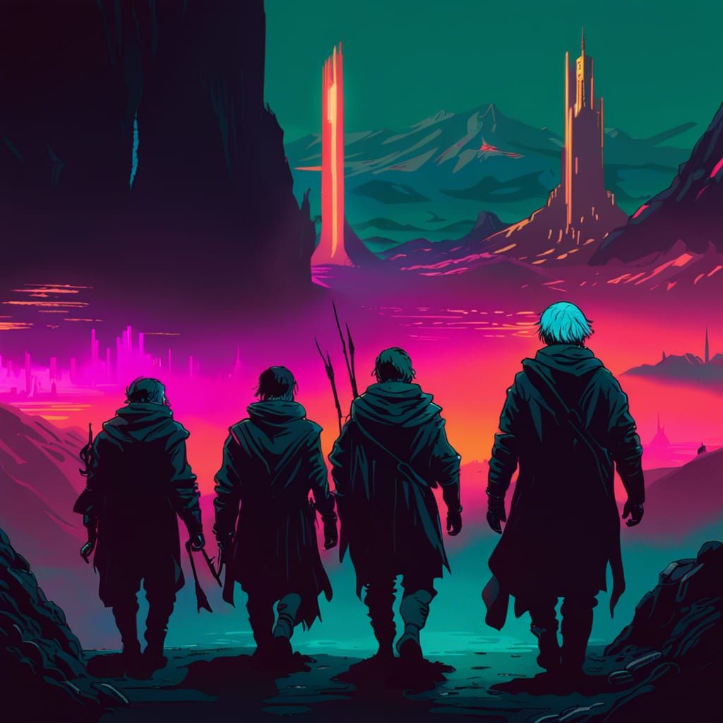 Cyberpunk Hobbits Journey to Mordor in Neon Landscape