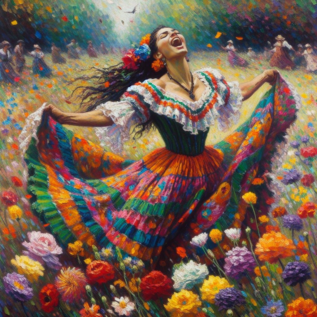 Hispanic Woman Dancing in Vibrant Flower Field