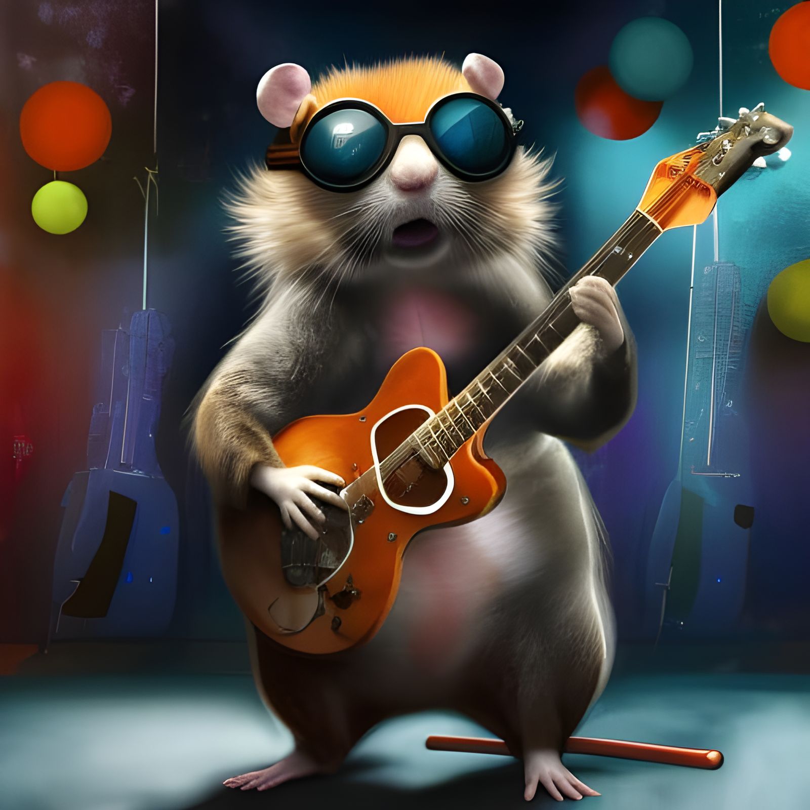 Hamster Rockstar Guitarist on Fiery Stage, CG Graphics