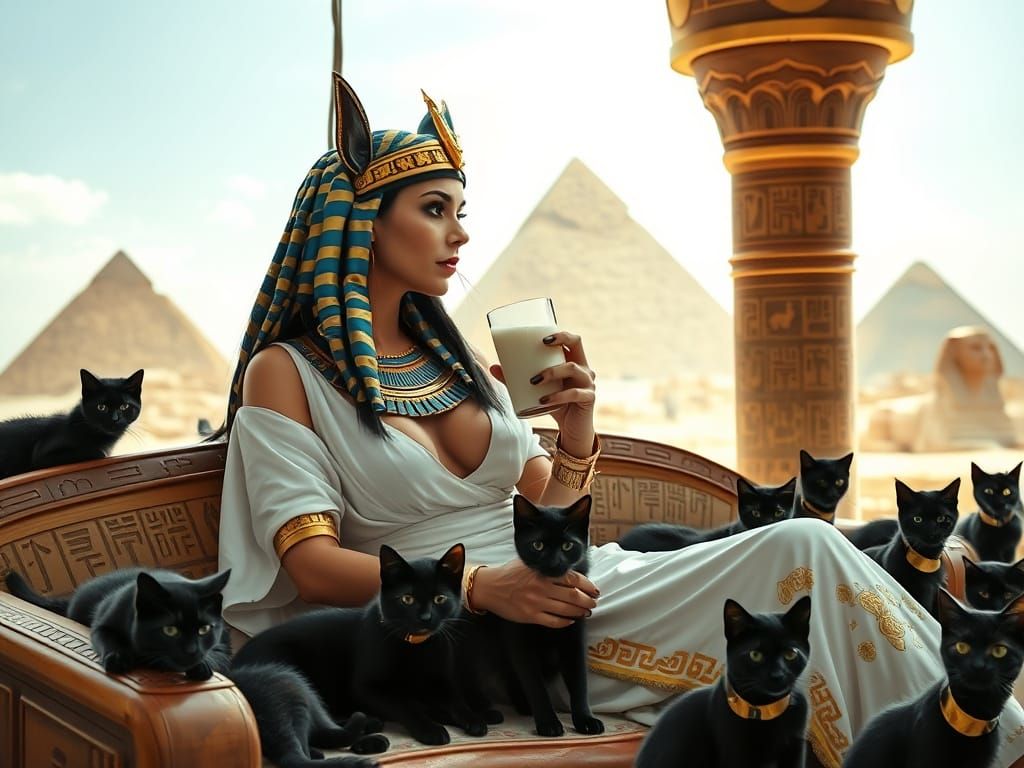 Egyptian Cat Woman Lounging with Cats
