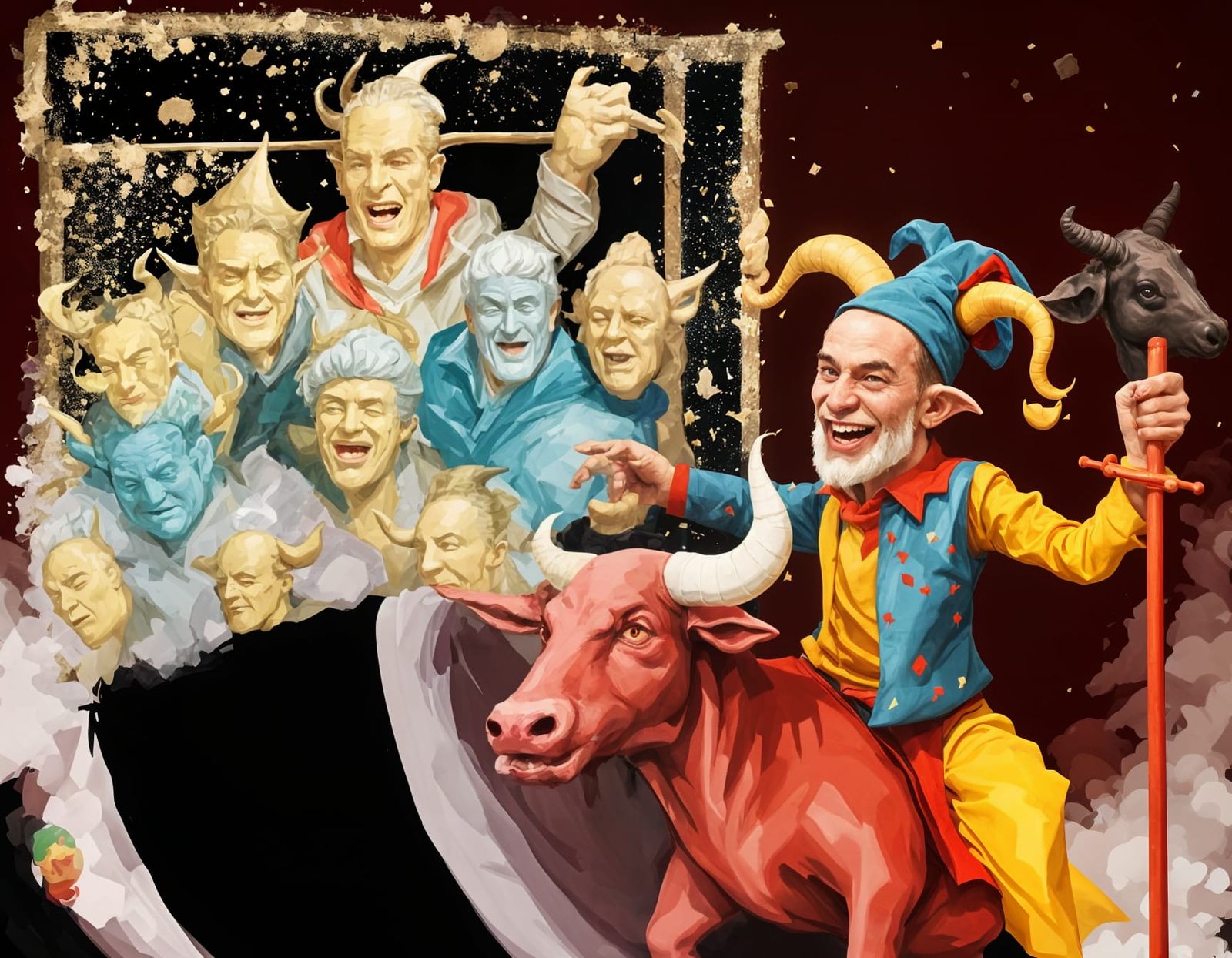 Jester Rides a Red Bull with Wizard Staff