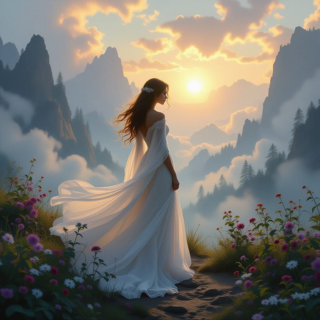 Ethereal Woman Shines Light in Fantasy Landscape