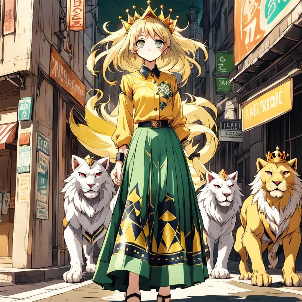 Anime Girl with Lions and Electric Guitar