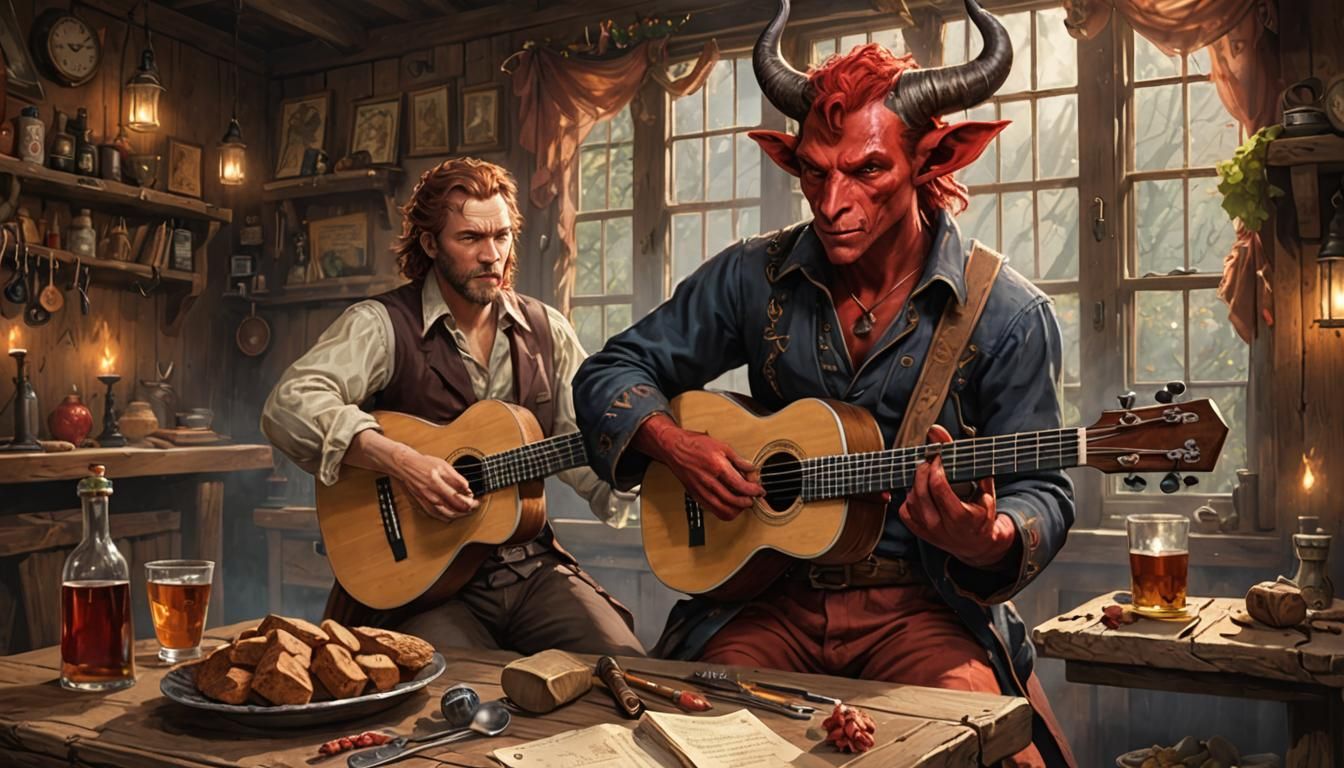 Tiefling Bard's Enchanting Tavern Performance in Anime Style