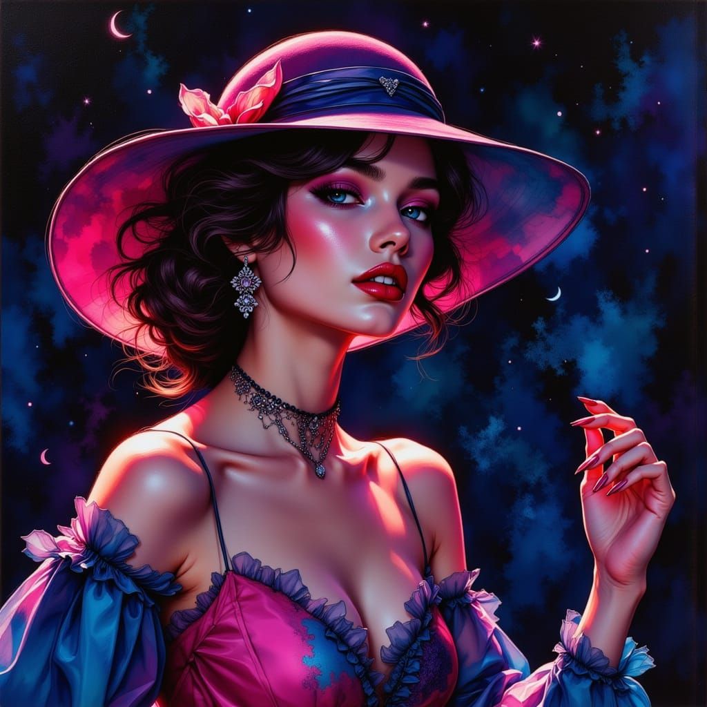 Retro Model in Alcohol Ink Style with Neon Accents