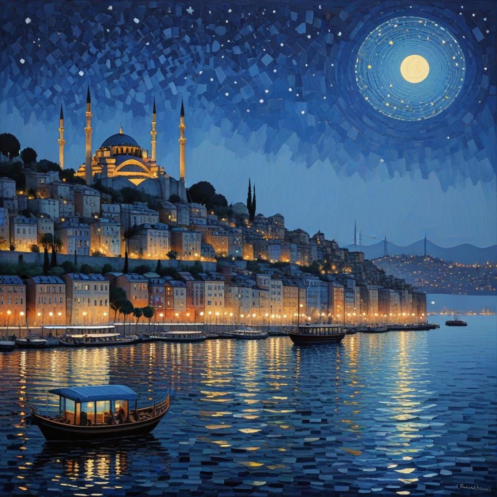 Bosporus at Blue Hour: Whimsical Mosaic Art