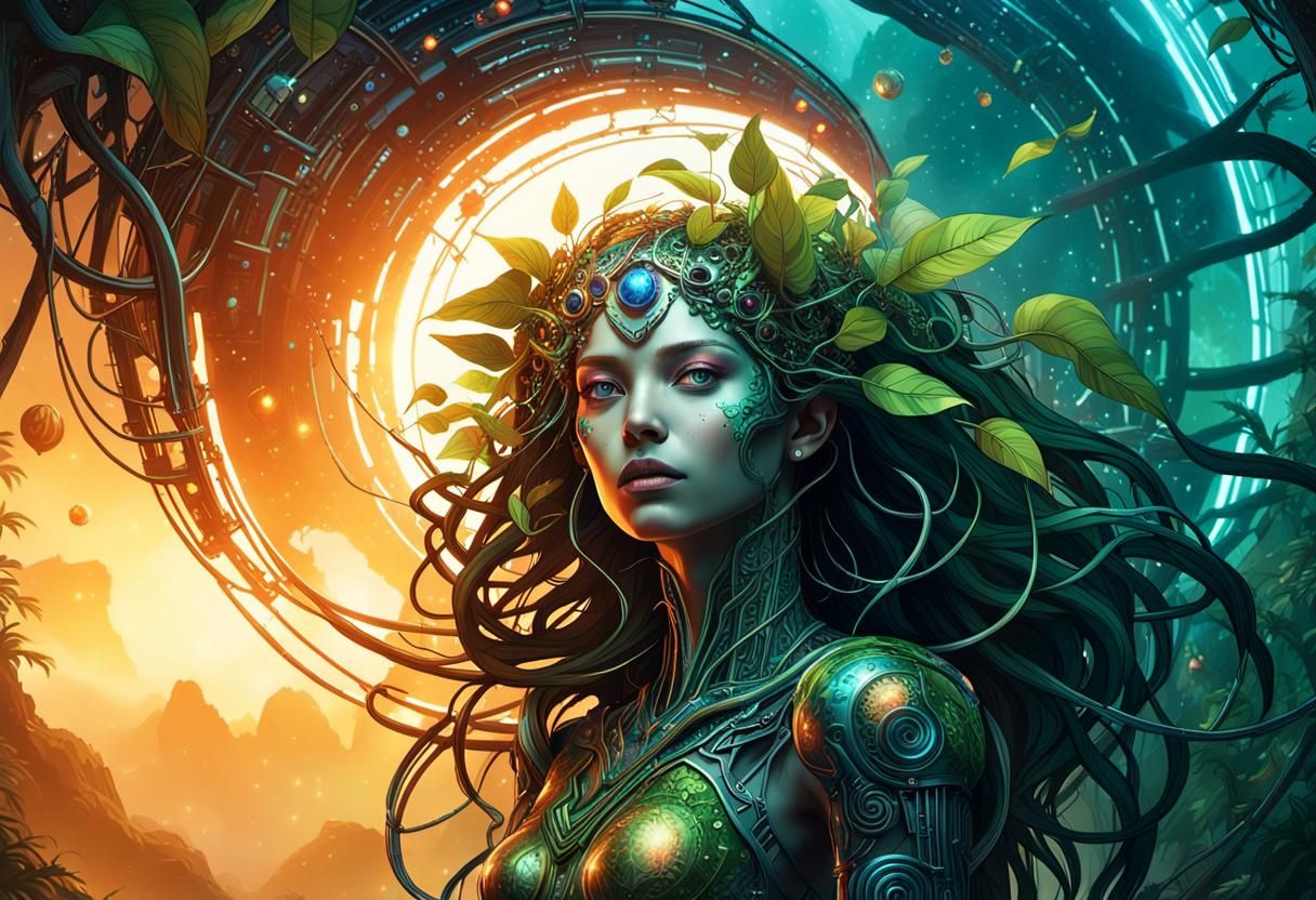 Cyborg Dryad Emerges from Machine in Ethereal Light